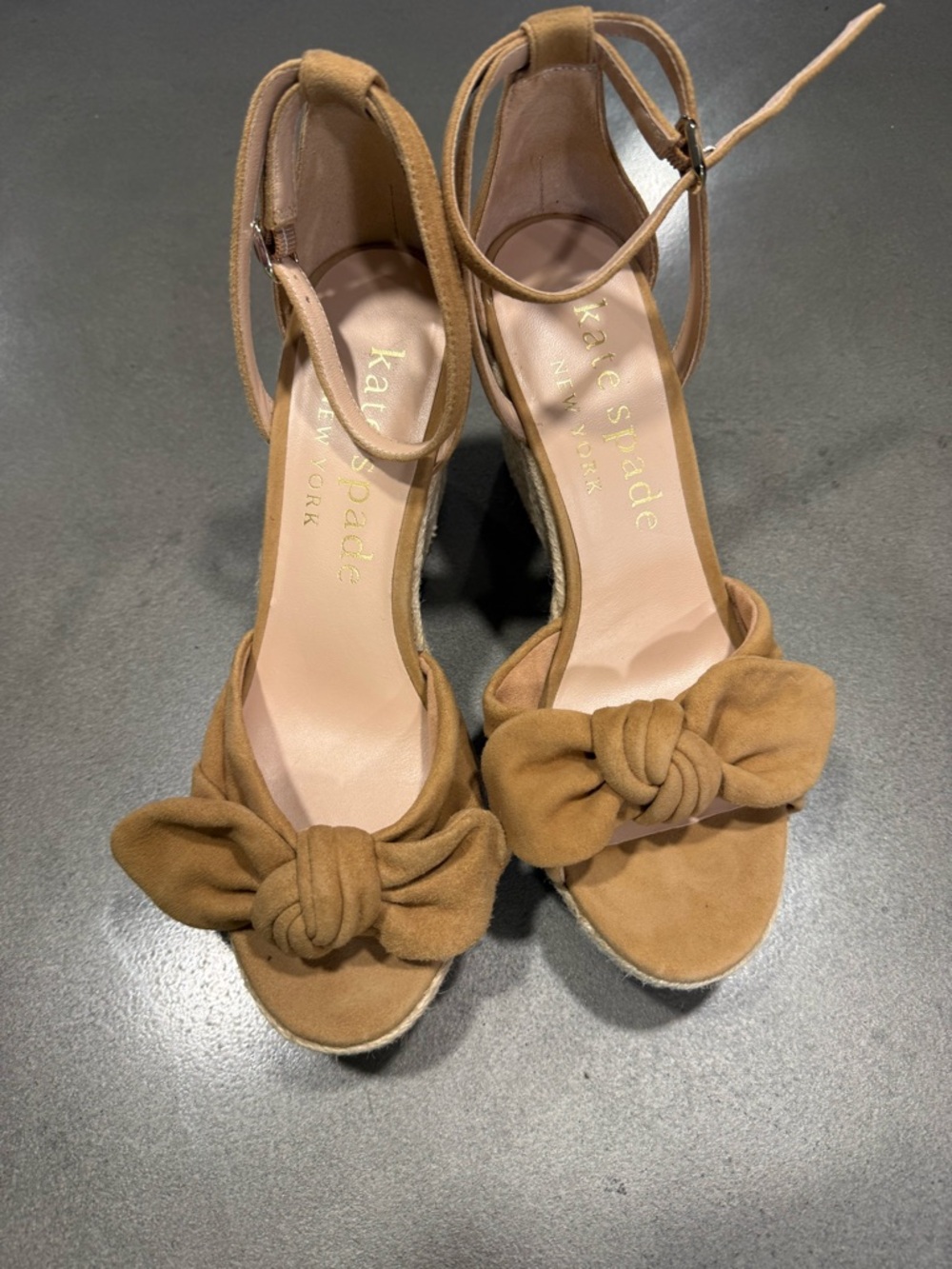 kate spade Suede Knot Front Ankle-Strap Espadrille Wedges in Tan